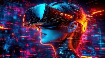 Poster - Glowing Futuristic VR Headset Floating in Cyberpunk Style Digital Environment with Neon Lights Abstract Patterns and Psychedelic Effects