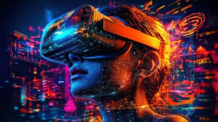 Poster - Immersive virtual reality experience with a sleek futuristic headset surrounded by an abstract digital landscape of neon lights vivid fractal patterns and dynamic energy bursts