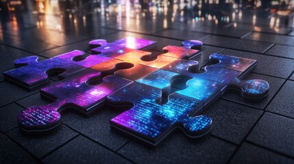 Poster - Luminous multicolored puzzle pieces creating a captivating futuristic glow and reflection on a dark surface  The dynamic prismatic design evokes a sense of technology energy and the future