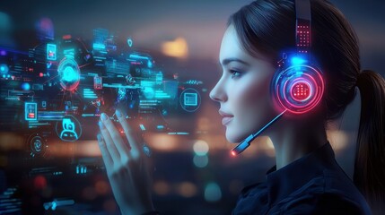 Poster - Futuristic woman wearing glowing blue headphones surrounded by a cyberpunk inspired neon landscape with digital and technological elements  The image conveys a sense of advanced technology