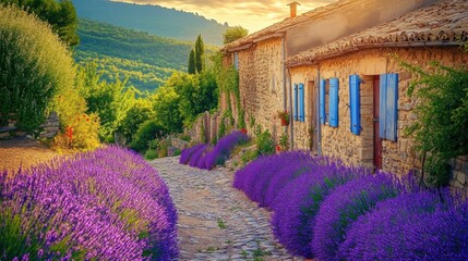 Poster - Beautiful lavender fields alongside a charming stone cottage at sunset in a serene countryside setting. Generative AI