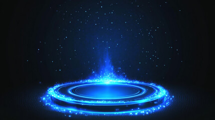 Wall Mural - Realistic set of blue light portals isolated on black background. Vector illustration of circle podium with neon hologram and glowing dust. Futuristic teleport, magic energy effect, future technology