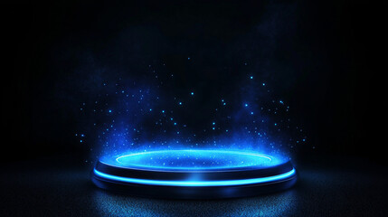 Wall Mural - Realistic set of blue light portals isolated on black background. Vector illustration of circle podium with neon hologram and glowing dust. Futuristic teleport, magic energy effect, future technology