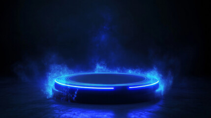 Wall Mural - Realistic set of blue light portals isolated on black background. Vector illustration of circle podium with neon hologram and glowing dust. Futuristic teleport, magic energy effect, future technology