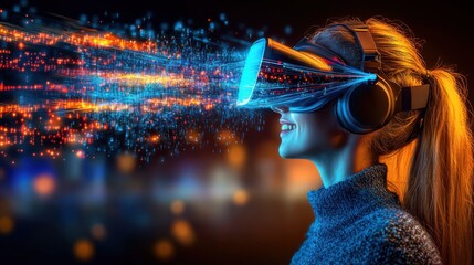 Poster - A person wearing a virtual reality headset fully immersed in an awe inspiring futuristic digital landscape of vibrant colors mesmerizing lights and boundless imagination