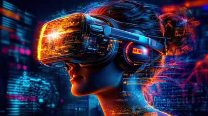 Poster - Captivating Virtual Reality Headset Immersed in Vibrant Digital Landscape with Futuristic Neon Lights and Dynamic Visual Effects Showcasing the Cutting Edge Technology of Immersive Digital Experiences
