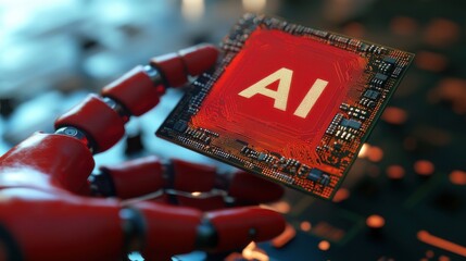 Poster - Robotic hand holding a microchip with AI inscription in a high-tech environment