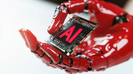 Poster - Red robotic hand holds a computer chip with AI symbol in a modern workspace environment