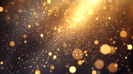 Wall Mural - Background with light beam and glitter particles flying on black vector backdrop. Abstract blur and shine template for advertising, presentation or web design. Stardust explosion of golden sparks