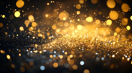 Wall Mural - Background with light beam and glitter particles flying on black vector backdrop. Abstract blur and shine template for advertising, presentation or web design. Stardust explosion of golden sparks