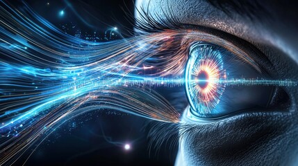 Poster - Mesmerizing Futuristic Eye   Digital abstract depicting a captivating cosmic vision filled with energy waves glowing particles and a surreal otherworldly atmosphere