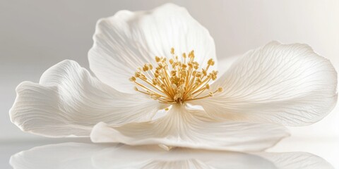Poster - Delicate white flower with soft petals and vibrant center. Captured in a minimalist style. Perfect for nature and beauty themes. Ideal for use in skincare or floral design projects. AI