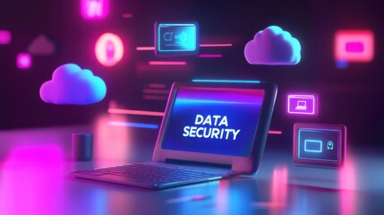 Poster - Data security concept displayed on a modern tablet with colorful cloud icons and digital elements at night