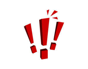 Poster - three bold red exclamation marks with dynamic shadows and geometric design elements.