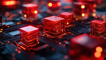Poster - Abstract Red Glowing Cubes on Circuit Board