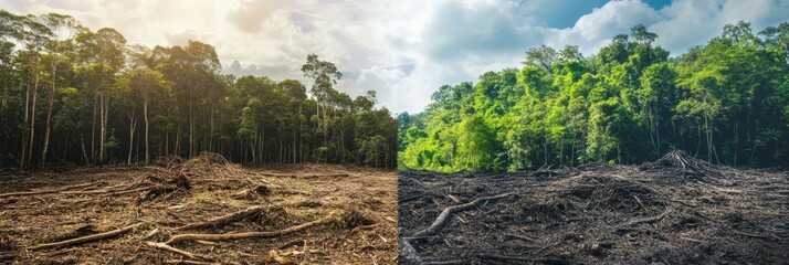 Poster - Contrast of deforested land and thriving forest highlights importance of nature conservation efforts. Generative AI