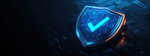Poster - Digital shield representing online security with glowing checkmark on textured background