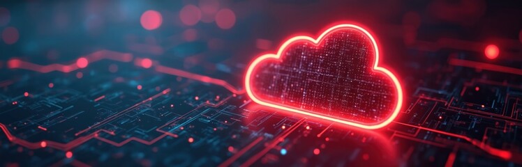 Poster - Glowing red cloud icon above circuit board. Cloud computing, digital data protection abstract technology. Internet security system data privacy, network safety concept. Cyberspace firewall prevents