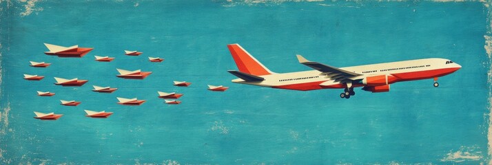 Aufkleber - Red and white airplane leads formation of paper planes in bright blue sky showcasing leadership and direction. Generative AI