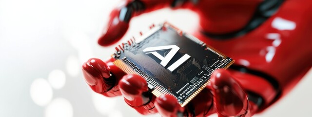 Poster - Hand holding an advanced AI processor with a metallic finish, symbolizing the future of technology and innovation in artificial intelligence