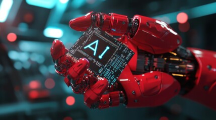 Poster - Robotic hand holding an AI chip in a futuristic lab setting with glowing lights