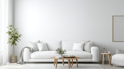 Poster - Clean, white living room with simple, modern decor. White couch with plenty of space for adding text. High-quality photo.