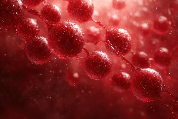 Poster - Close-up of droplets on vibrant red spheres creating a striking abstract visual in a misty atmosphere