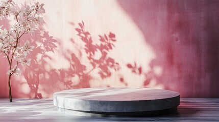 Poster - Beautiful springtime display with blooming branches and soft shadows in a pink-hued indoor space