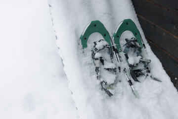 Wall Mural - pair of green snowshoes covered in fresh white winter snow