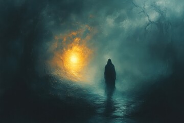 Wall Mural - Mysterious figure walking through a foggy pathway illuminated by an eerie light at dusk