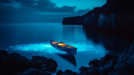 Wall Mural - a tranquil night scene captures a luminous canoe floating on calm waters. the eerie blue glow adds a