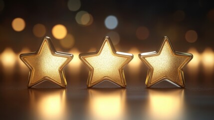 Poster - Three golden stars shine brightly against a blurred background with warm bokeh lights at nighttime