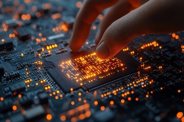 Poster - Detailed exploration of a microchip with illuminated circuitry and a hand interacting with technology at close range