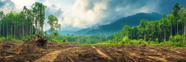 Poster - Contrast of deforested land with dead trees and thriving green forest in a nature conservation effort. Generative AI