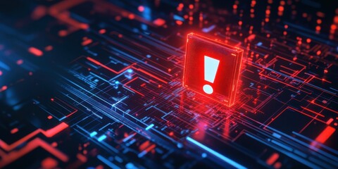 Poster - Alert symbol with vibrant red and blue circuitry background in a digital environment showcasing technology and warnings