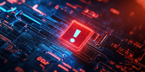 Poster - Digital alert icon on a glowing circuit board background with vibrant colors in a modern technology concept