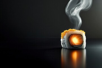 sleek black canvas with a single glowing sushi roll faint steam curling upward warm orange light casting soft shadows minimalist and refined open text space subtle japanese elegance