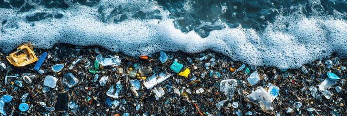 Aufkleber - Plastic fragments scatter along ocean waves highlighting pollution concerns in coastal environments. Generative AI