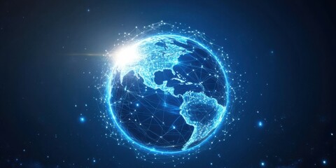 Poster - Digital representation of Earth with glowing network connections highlighting global communication