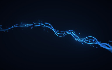 Poster - Abstract glowing wave lines and shiny particles, 3d rendering.