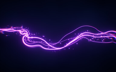 Poster - Abstract glowing wave lines and shiny particles, 3d rendering.