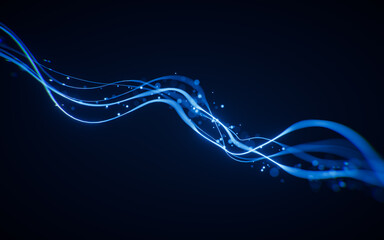 Poster - Abstract glowing wave lines and shiny particles, 3d rendering.