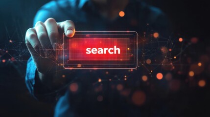 Fototapete - Holding a luminous search button against a dark background with digital connections representing technology and innovation