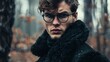 © IMG visuals AI - Glasses man with curly hair, black fur coat in snowy forest portrait image. Male cinematic moody snow falling picture photorealistic photography. Fashion model concept photo realistic
