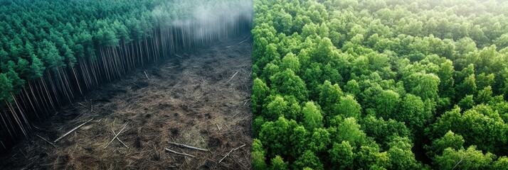 Poster - Contrast of deforested land and lush forest highlights the importance of nature conservation in environmental preservation efforts. Generative AI