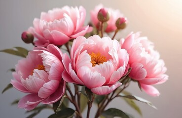 Poster - Beautiful pink peony flowers on light background. Floral blossom bouquet illustration. Watercolor style petals texture. Blooming rose, spring bloom, botanical flora, design element. Generative AI
