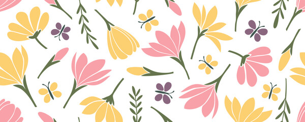 Fototapete - Spring flowers seamless pattern. Springtime theme floral print graphic. Vector illustration.