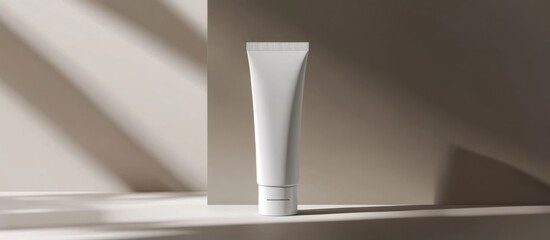 Poster - Elegant white cosmetic tube displayed on a minimalistic background with soft shadows highlighting its smooth surface