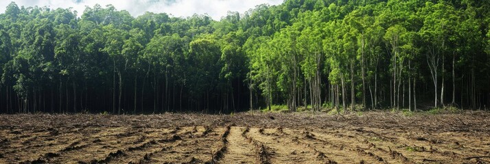 Poster - Deforested land and thriving forest contrast highlights need for nature conservation efforts. Generative AI