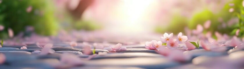Poster - Cherry blossom petals carpeting a cobblestone path, sunlight filtering through delicate branches